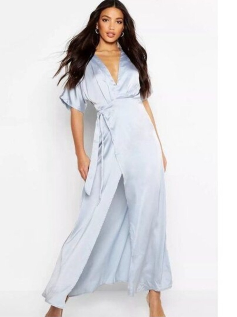 Boohoo Pale Blue Satin Maxi Wrap Dress